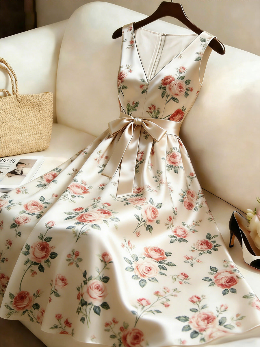 Retro Style Floral Art Print V-Neck Sleeveless Cotton Maxi Dress